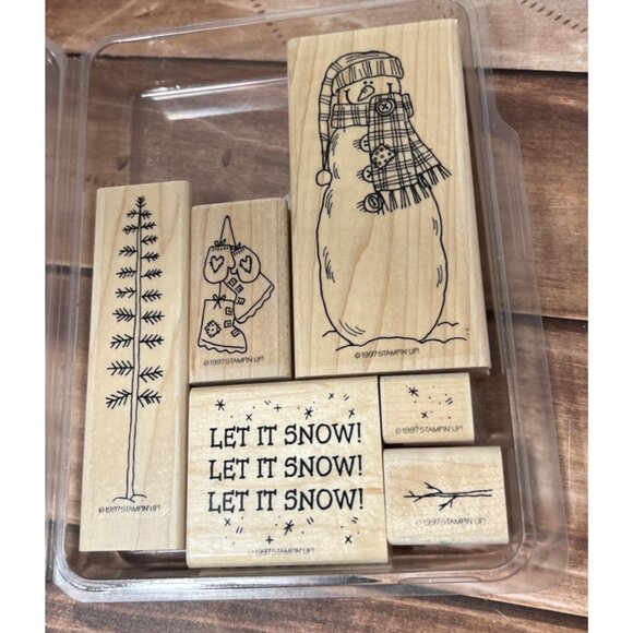 HTF VINTAGE Stampin Up! Let It Snow WOOD MOUNTED Rubber Stamp Set SNOWMAN TREE - Picture 1 of 5